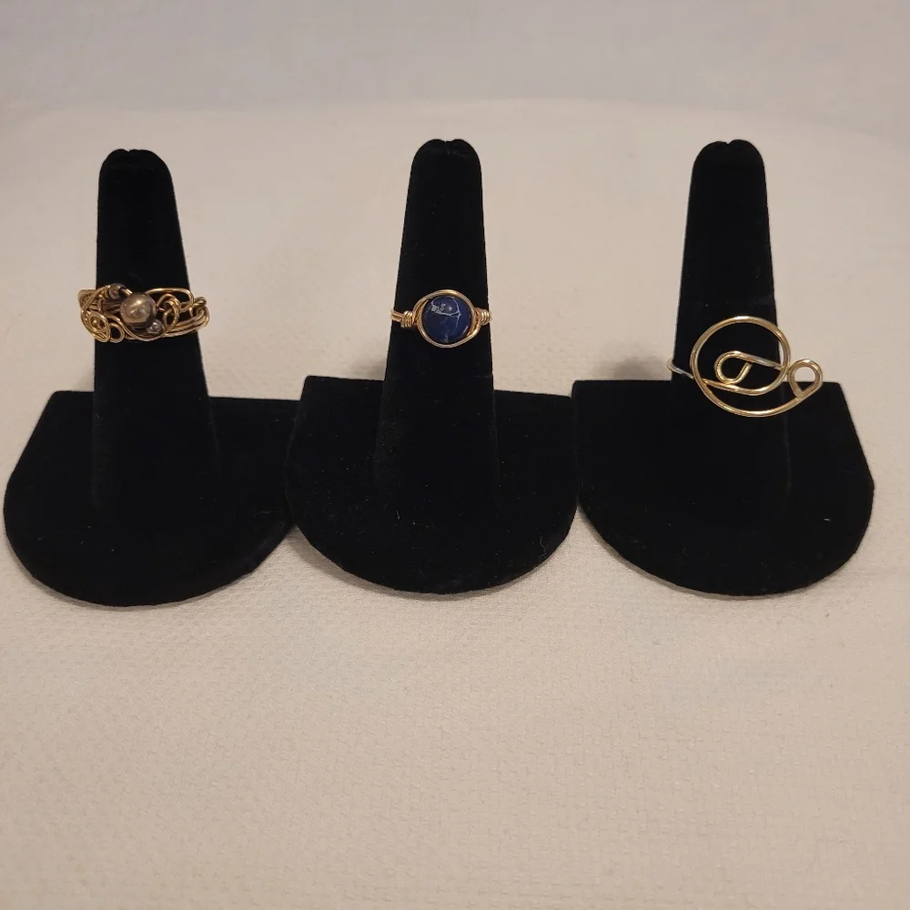 Set Of 3 Delicate Wrapped Wire Rings With Faux Pearl & Stone, Mixed Sizes 6-9